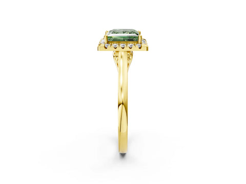 Yellow gold Fancy Green Princess Cut Halo Round Diamond Solitaire Ring with Pavé Band and Four-Prong Setting_14