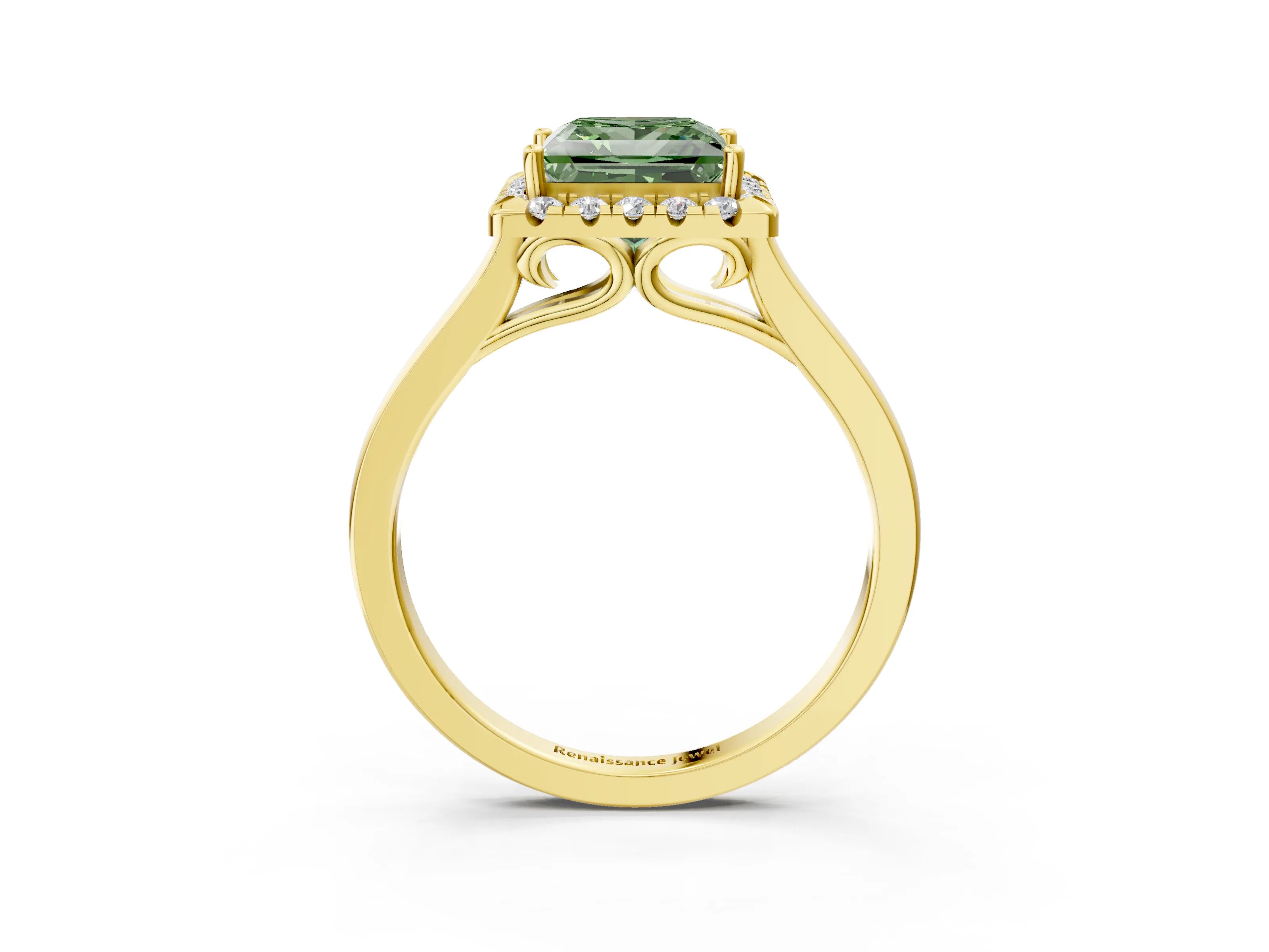 Yellow gold Fancy Green Princess Cut Halo Round Diamond Solitaire Ring with Pavé Band and Four-Prong Setting_15