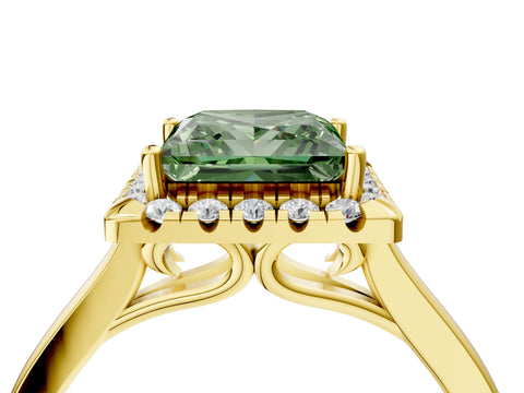 Yellow gold Fancy Green Princess Cut Halo Round Diamond Solitaire Ring with Pavé Band and Four-Prong Setting_16