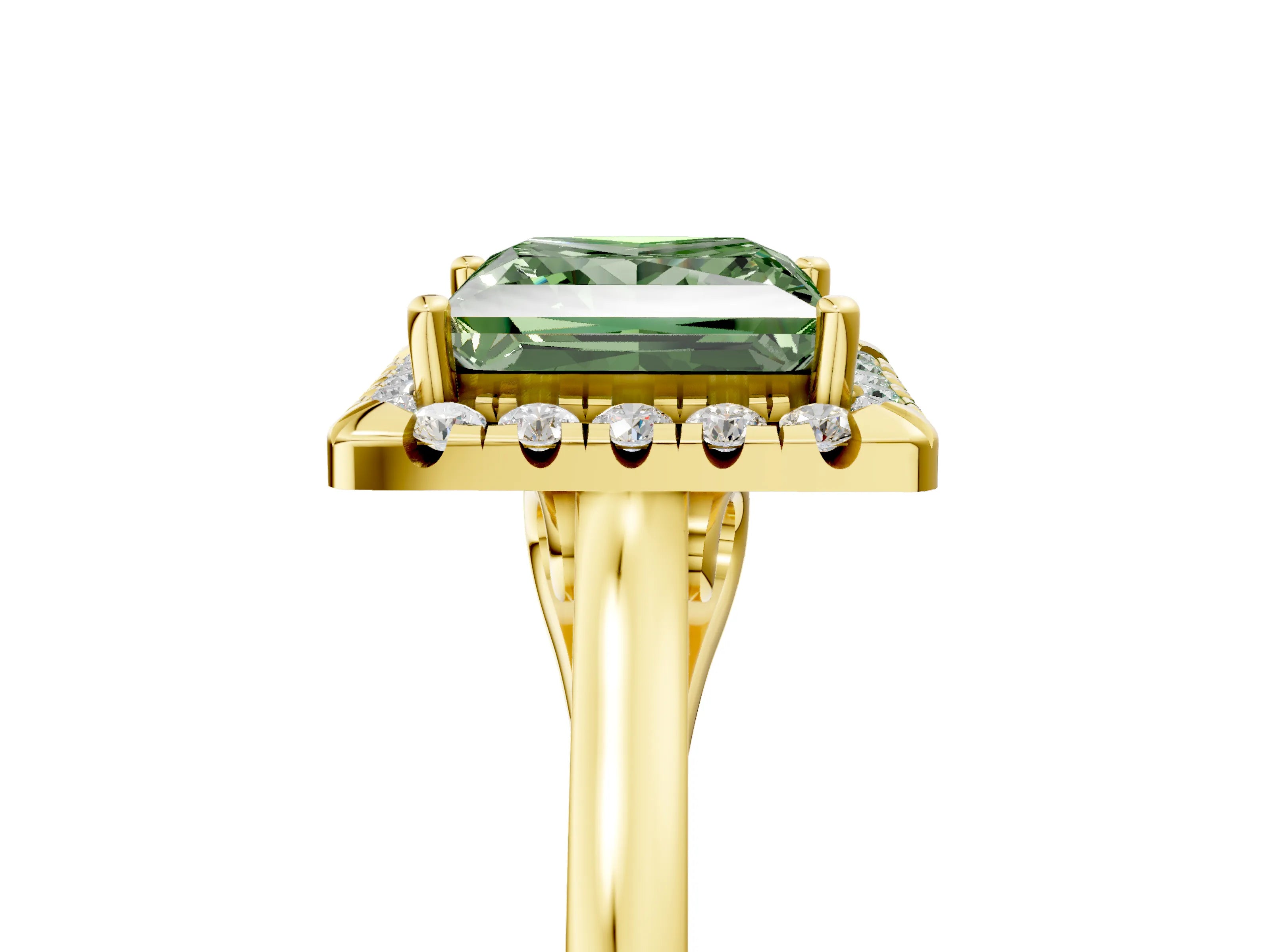 Yellow gold Fancy Green Princess Cut Halo Round Diamond Solitaire Ring with Pavé Band and Four-Prong Setting_17