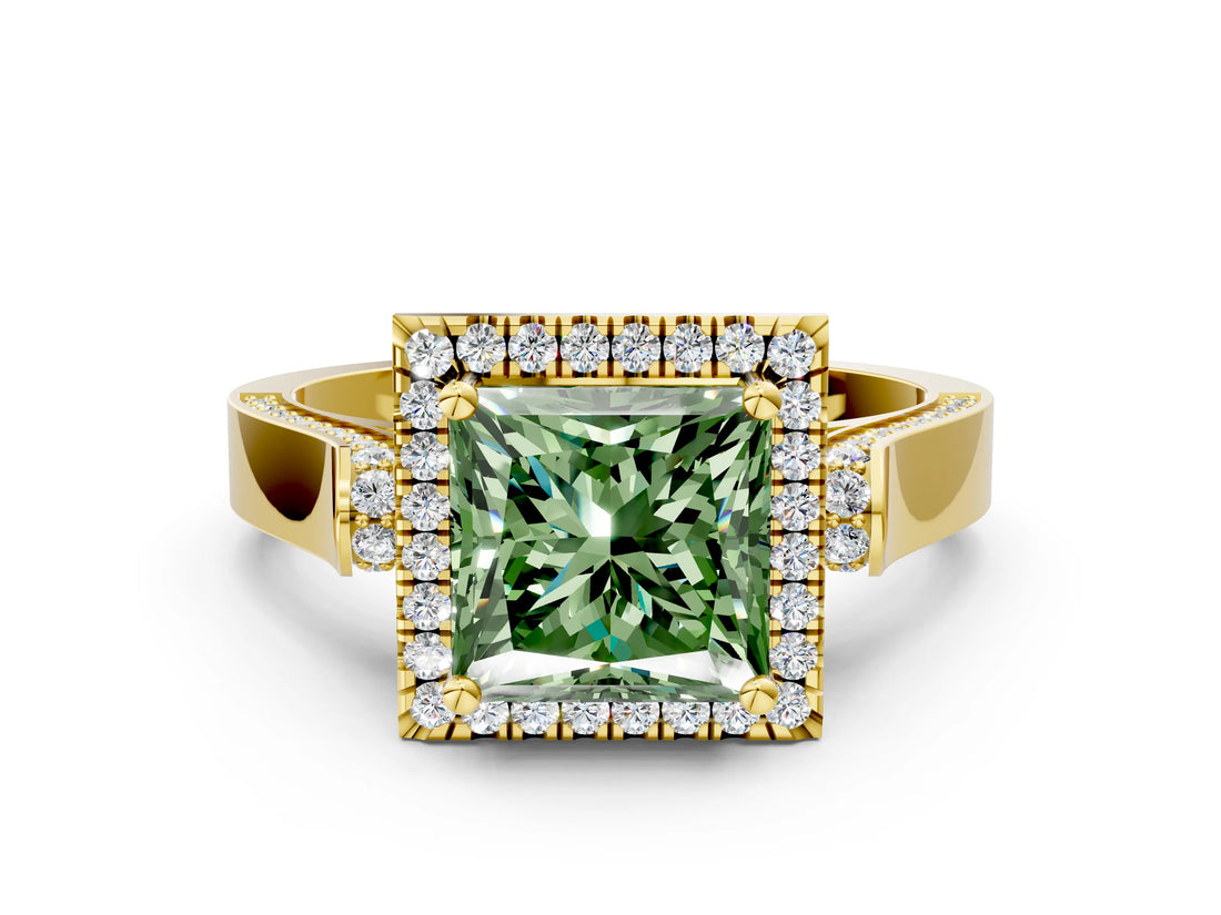 Yellow gold Fancy Green Princess Cut Halo Round Diamond Twist Band with Four-Prong Setting