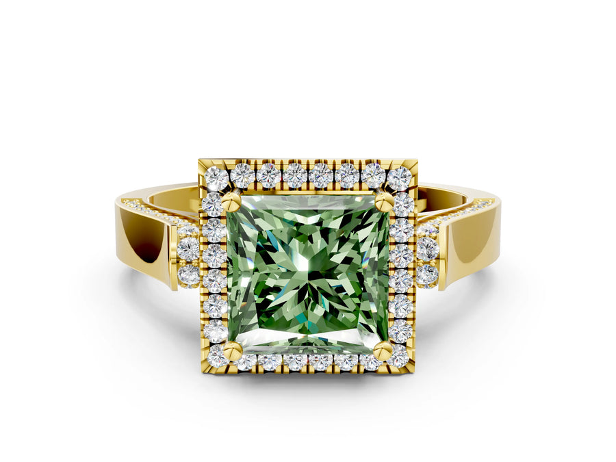 Yellow gold Fancy Green Princess Cut Halo Round Diamond Twist Band with Four-Prong Setting