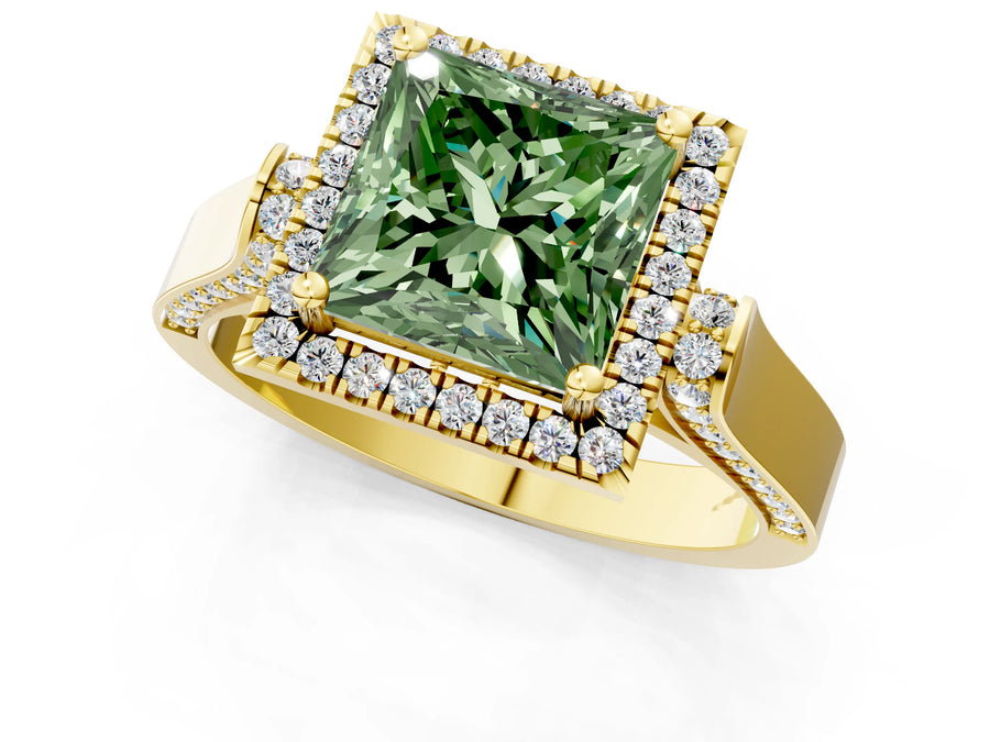 Yellow gold Fancy Green Princess Cut Halo Round Diamond Twist Band with Four-Prong Setting