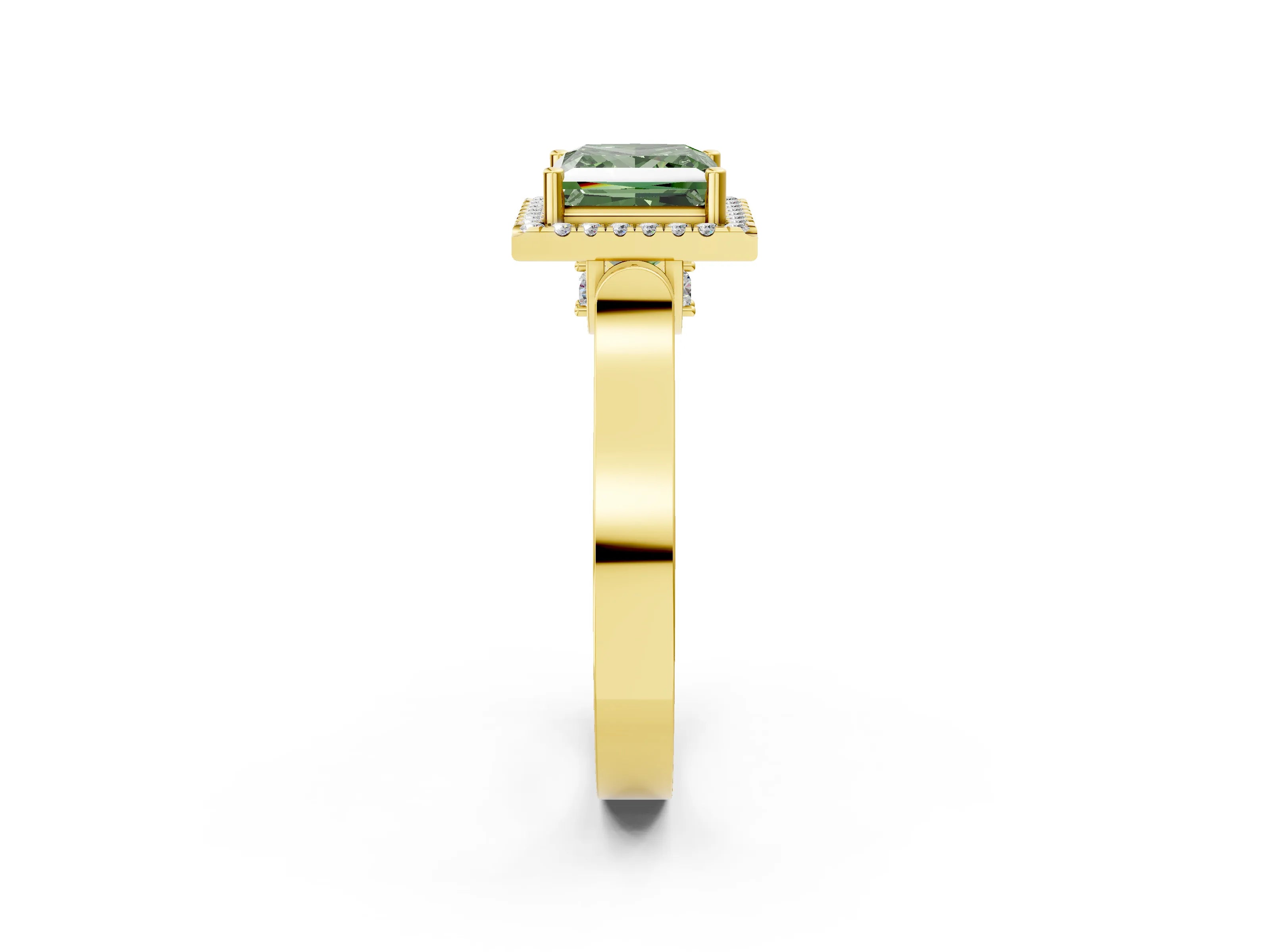Yellow gold Fancy Green Princess Cut Halo Round Diamond Twist Band with Four-Prong Setting_2