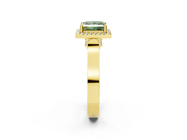 Yellow gold Fancy Green Princess Cut Halo Round Diamond Twist Band with Four-Prong Setting