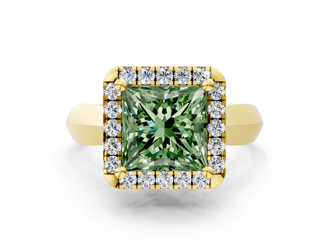 Yellow gold Fancy Green Princess  Cut Halo Solitaire Engagement Ring with Square Band and Four-Prong Setting_66