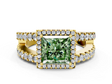 Yellow gold Fancy Green Princess  Cut Halo Split Shank Diamond Ring with Four-Prong Setting