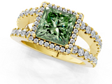 Yellow gold Fancy Green Princess  Cut Halo Split Shank Diamond Ring with Four-Prong Setting_1