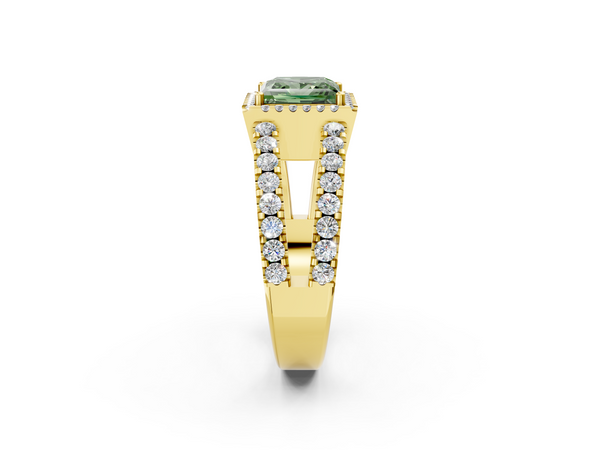 Yellow gold Fancy Green Princess  Cut Halo Split Shank Diamond Ring with Four-Prong Setting