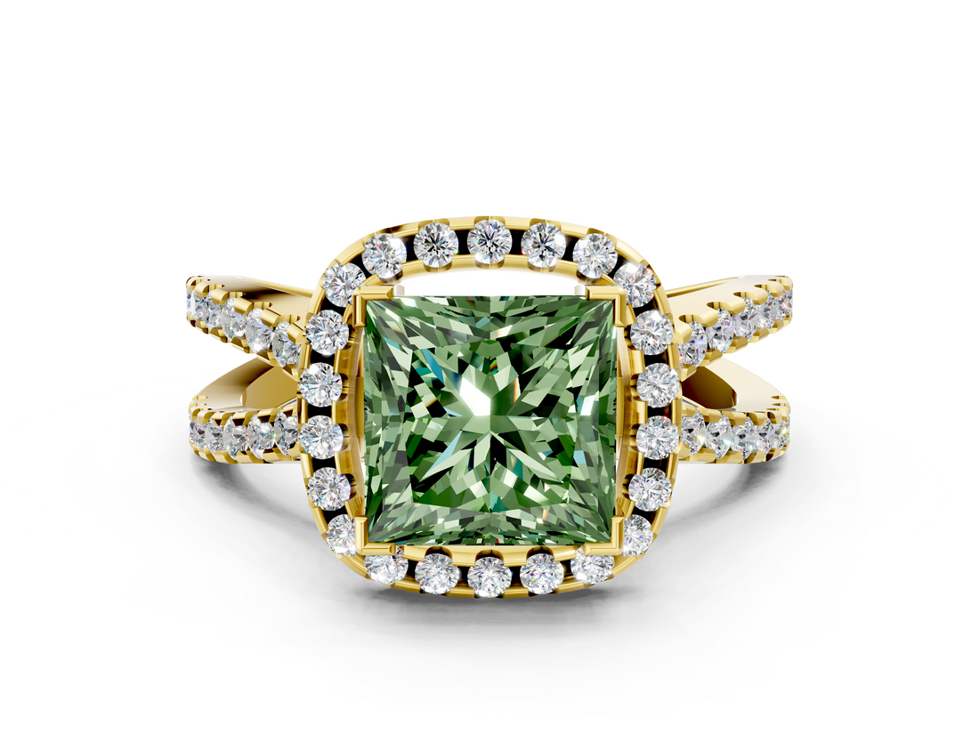 Yellow gold Fancy Green Princess  Cut Halo Split Shank Pave Set Ring_18