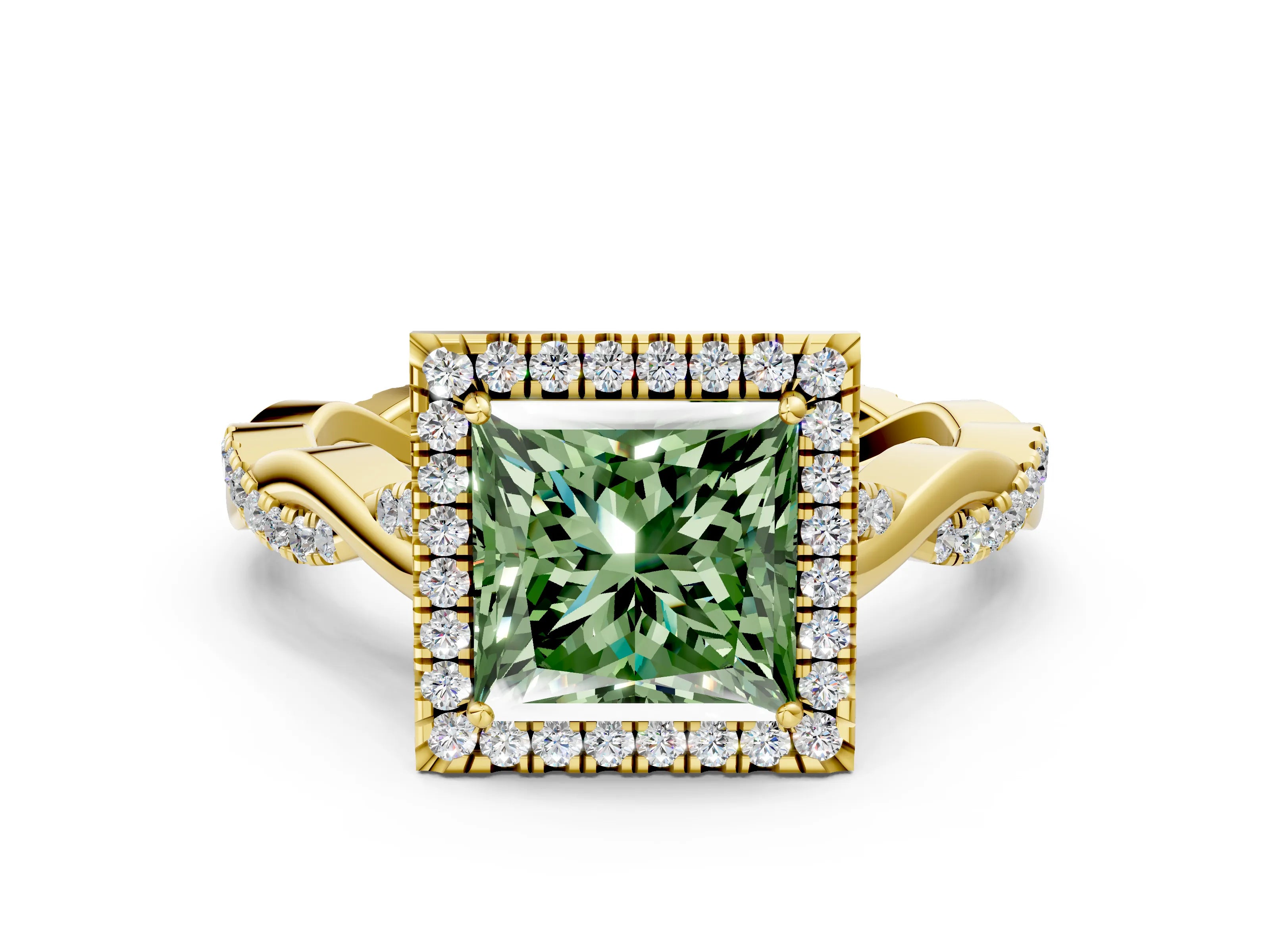 Yellow gold Fancy Green Princess Cut Halo Twist Band with Four-Prong Setting