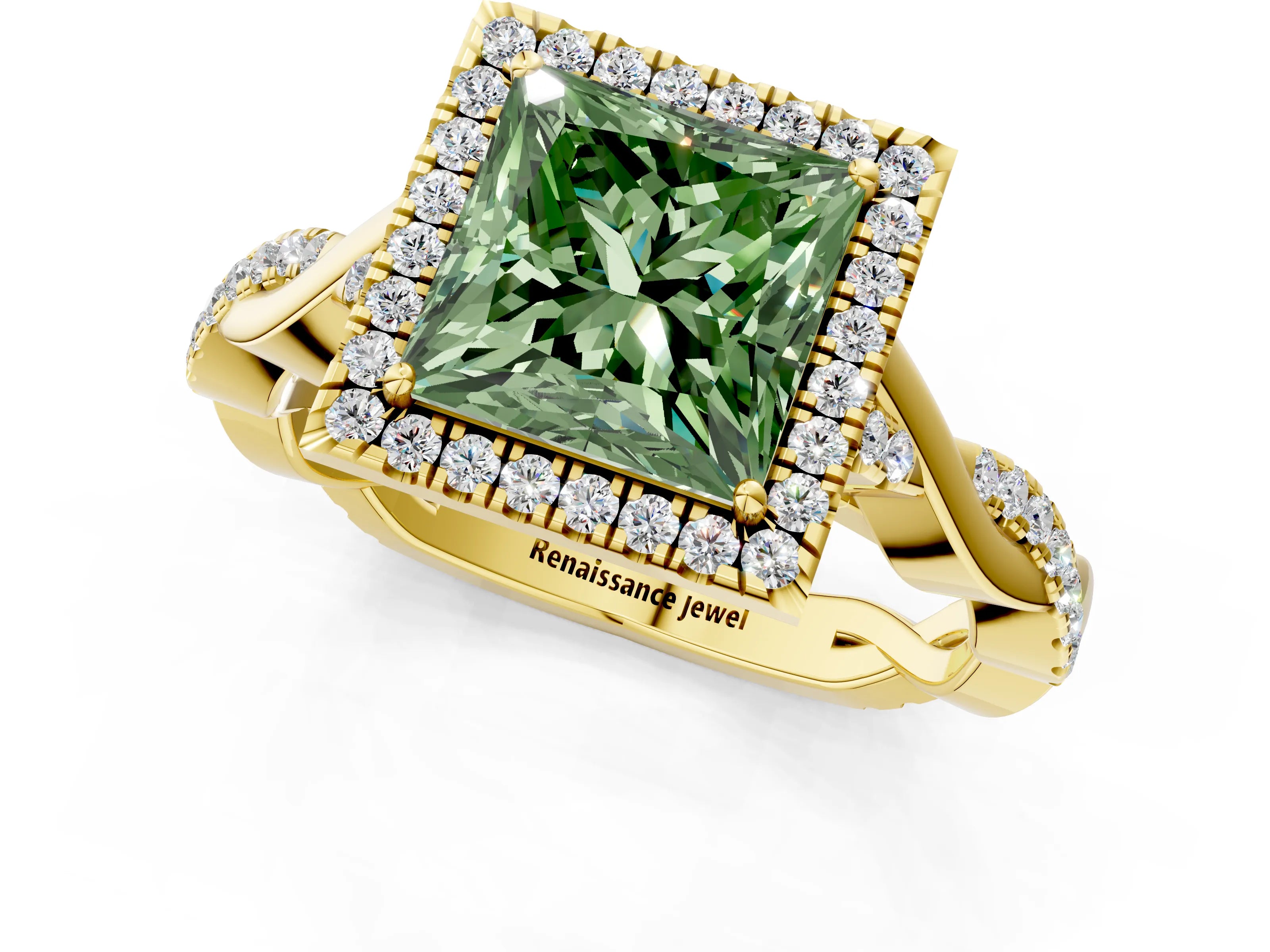 Yellow gold Fancy Green Princess Cut Halo Twist Band with Four-Prong Setting_1