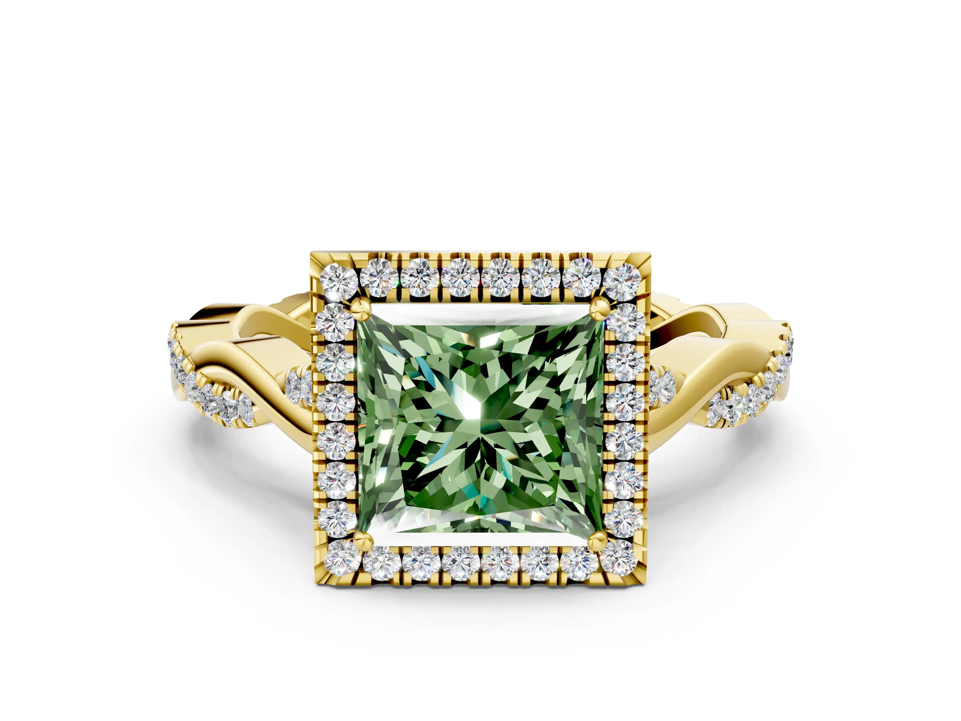 Yellow gold Fancy Green Princess Cut Halo Twist Band with Four-Prong Setting_12