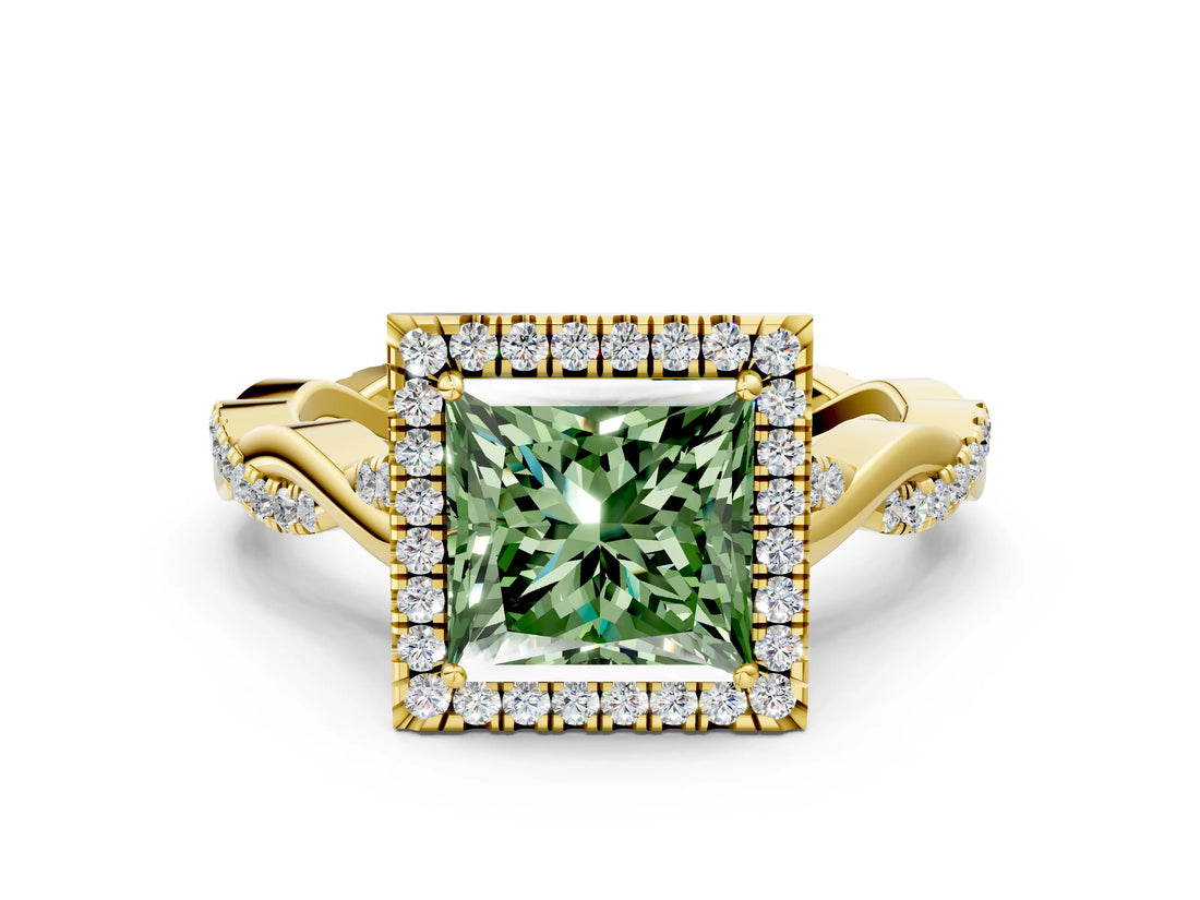 Yellow gold Fancy Green Princess Cut Halo Twist Band with Four-Prong Setting_12