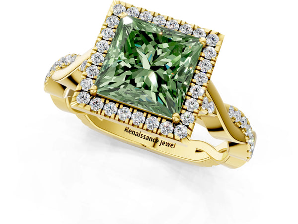 Yellow Gold Princess Cut Interwoven Twist Halo Engagement Ring Setting for Fancy Green Center