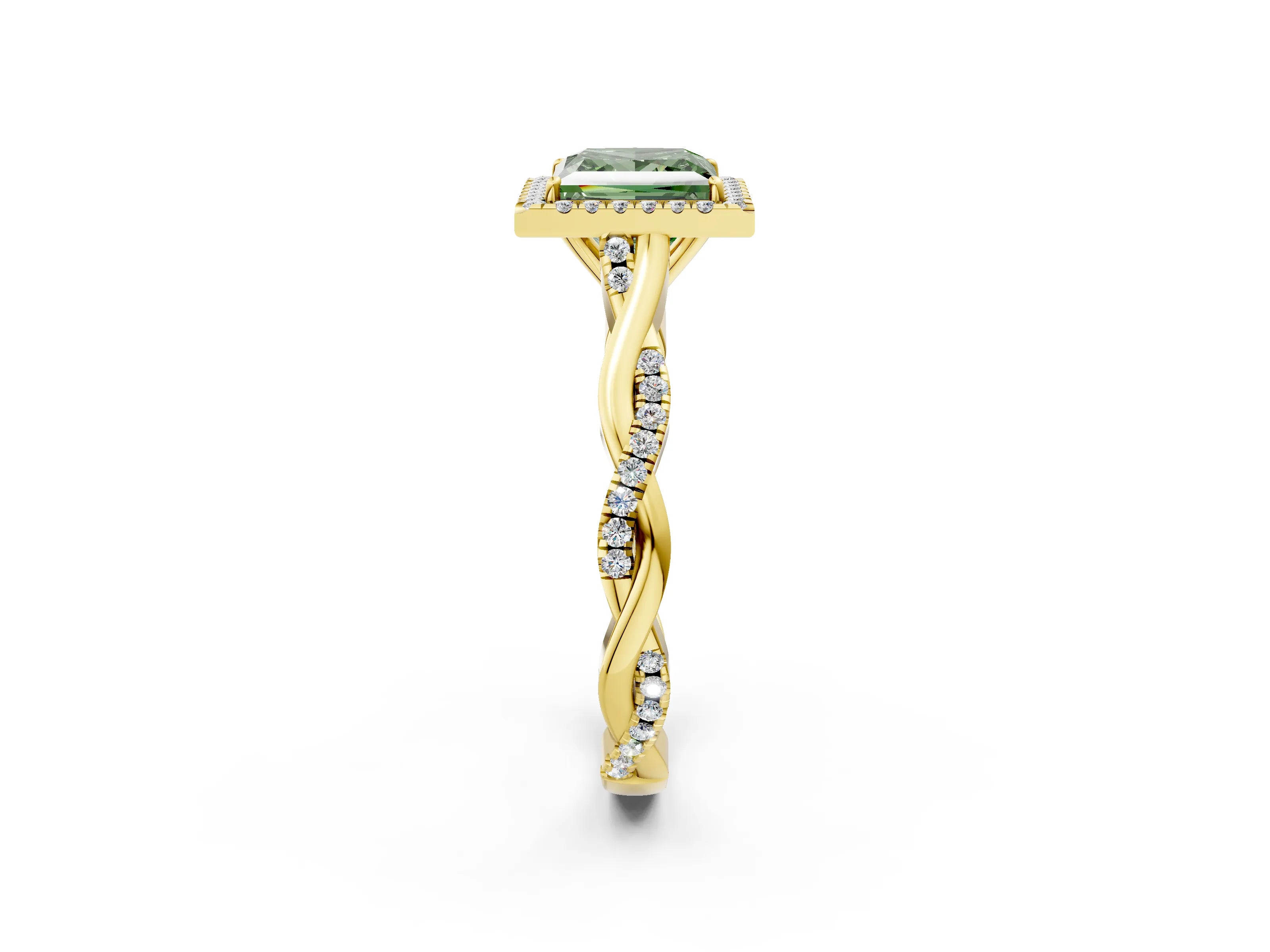 Yellow gold Fancy Green Princess Cut Halo Twist Band with Four-Prong Setting_14