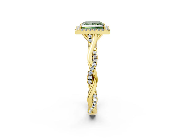Yellow Gold Princess Cut Interwoven Twist Halo Engagement Ring Setting for Fancy Green Center