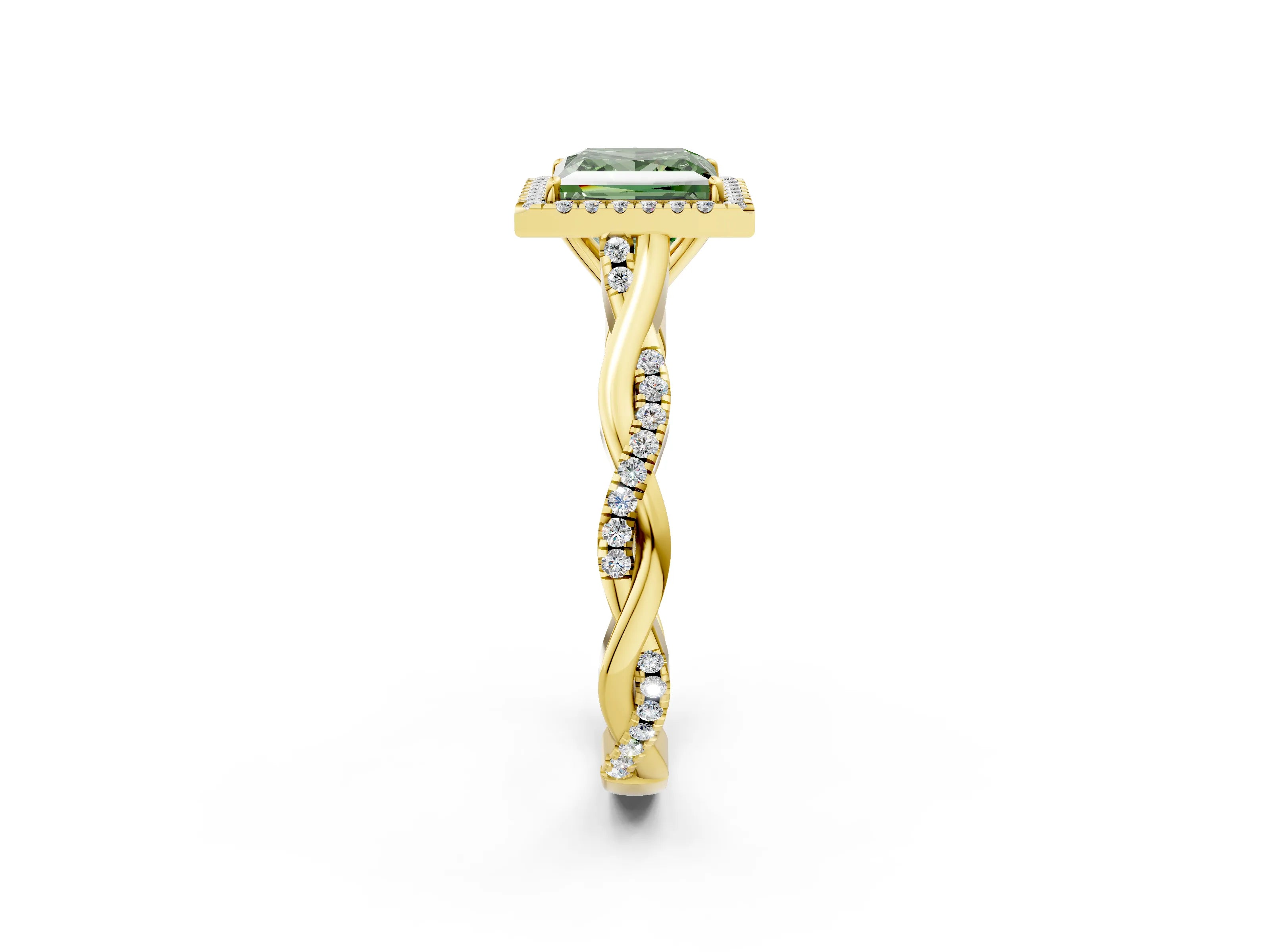 Yellow gold Fancy Green Princess Cut Halo Twist Band with Four-Prong Setting_2
