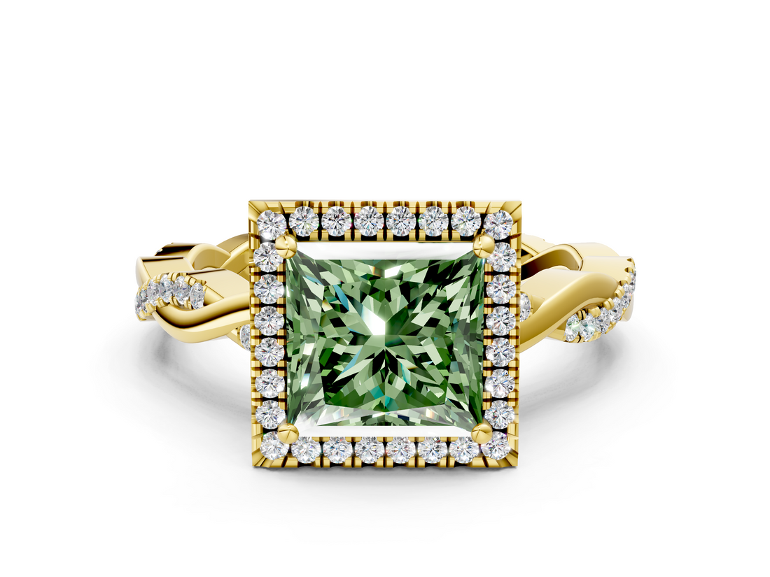 Yellow gold Fancy Green Princess  Cut Halo Twisted Band Four-Prong Ring