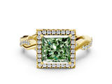 Yellow gold Fancy Green Princess  Cut Halo Twisted Band Four-Prong Ring