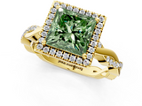 Yellow gold Fancy Green Princess  Cut Halo Twisted Band Four-Prong Ring_1