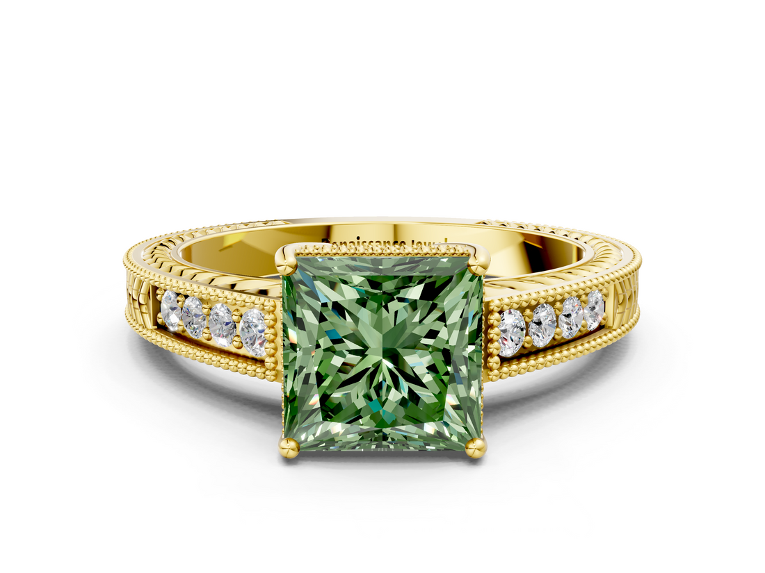 Yellow gold Fancy Green Princess  Cut Milgrain Channel Set Engagement Ring with Solitaire Prong Setting