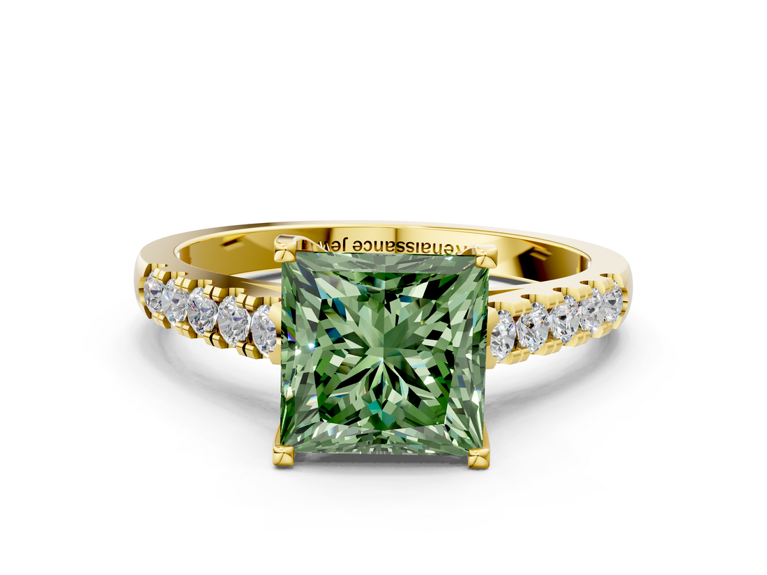 Yellow gold Fancy Green Princess  Cut Pavé Band Solitaire Ring with Four-Prong Setting