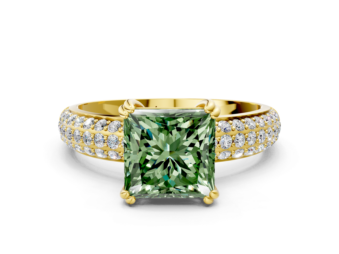 Yellow gold Fancy Green Princess  Cut Pave Diamond Engagement Ring with Channel Set Band and Four-Prong Setting