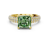 Yellow gold Fancy Green Princess  Cut Pave Diamond Engagement Ring with Channel Set Band and Four-Prong Setting