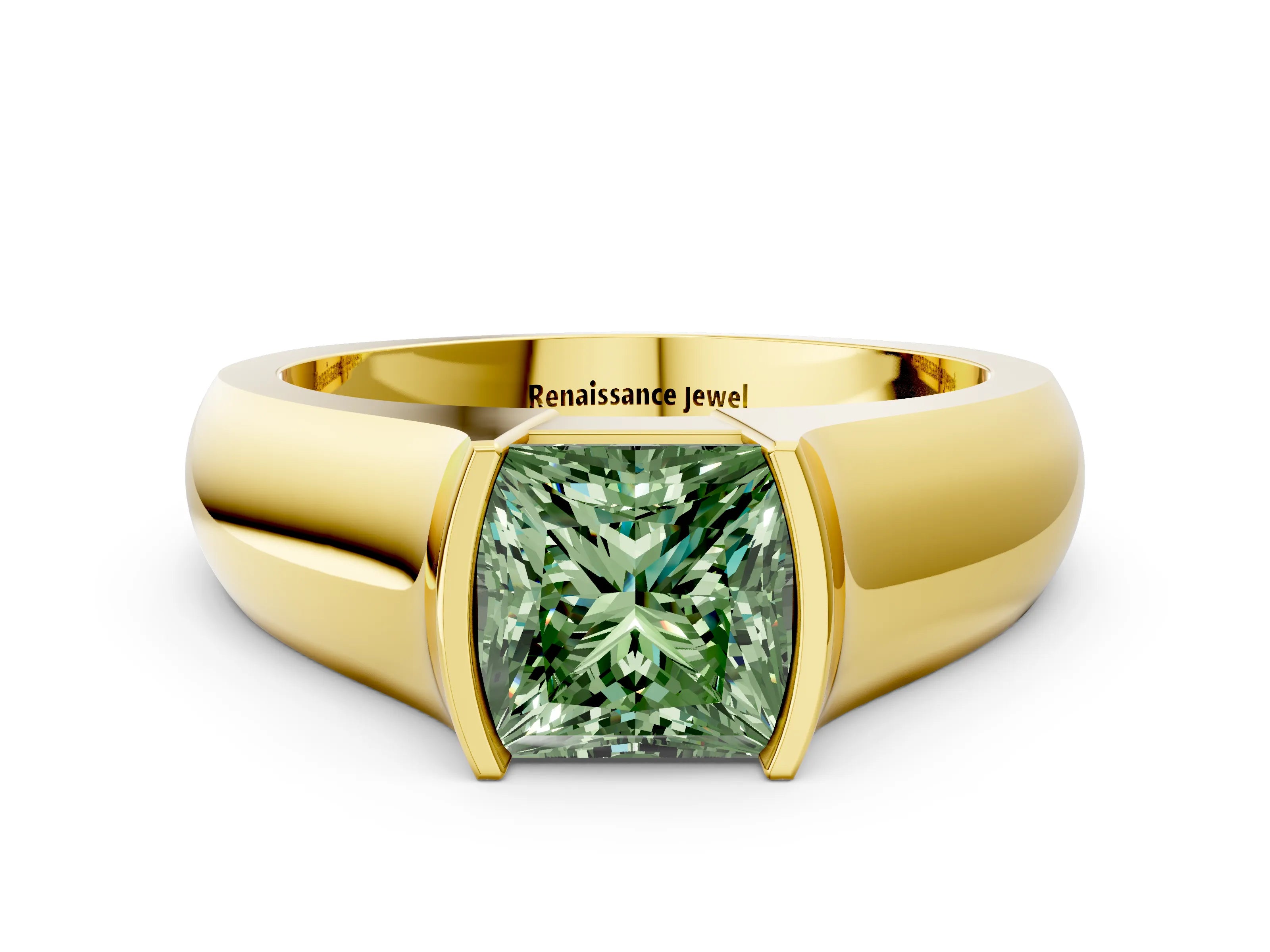 Yellow gold Fancy Green Princess Cut Solitaire Bezel Set Diamond Ring with Wide Band