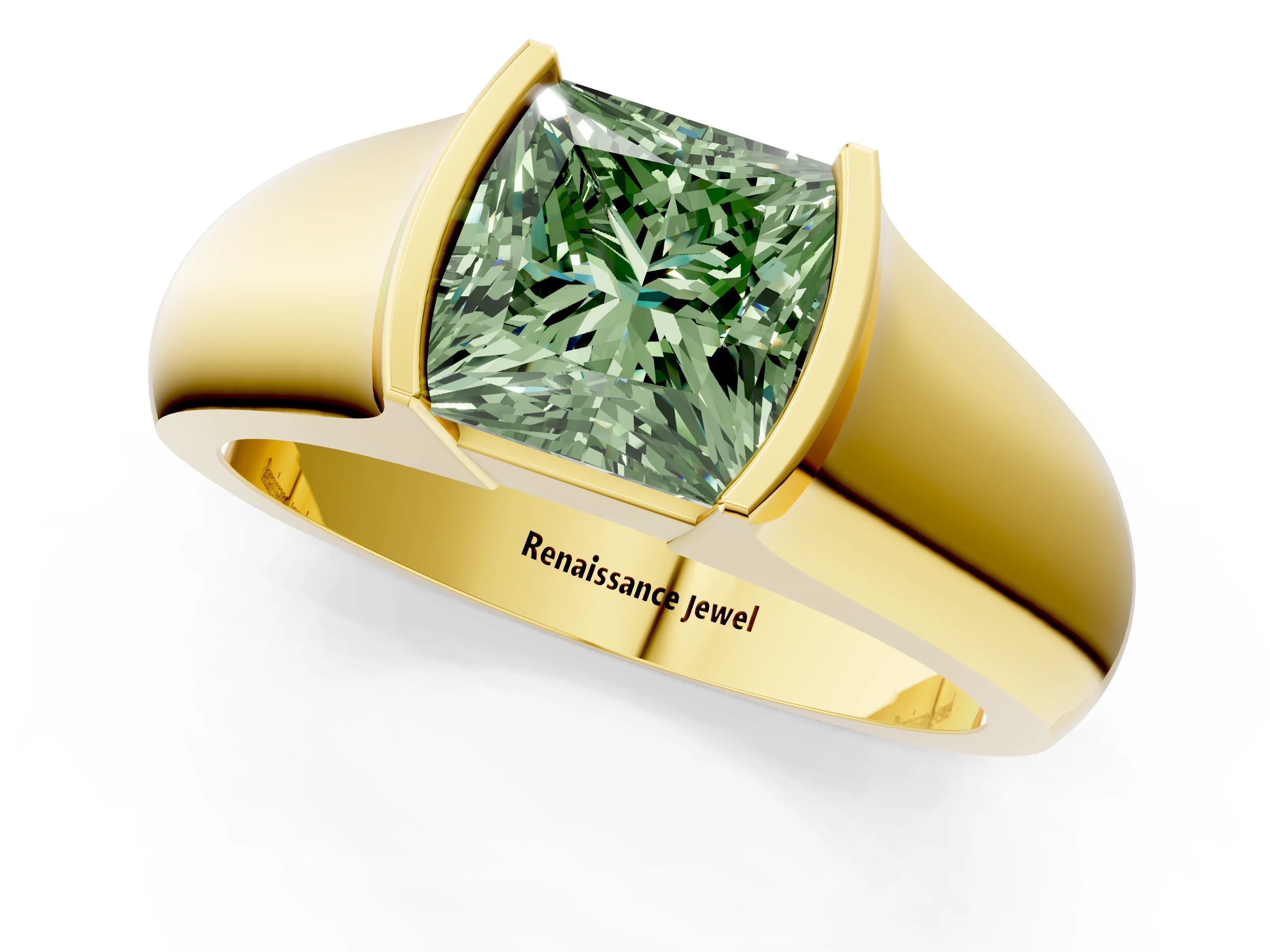 Yellow gold Fancy Green Princess Cut Solitaire Bezel Set Diamond Ring with Wide Band_1