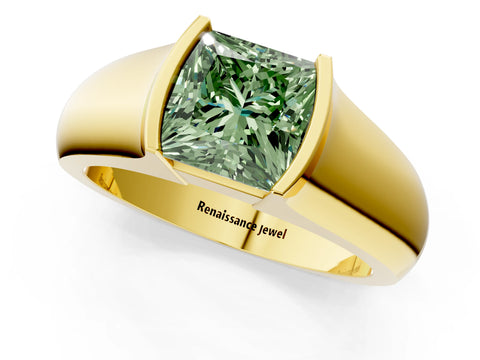 Yellow gold Fancy Green Princess Cut Solitaire Bezel Set Diamond Ring with Wide Band_1