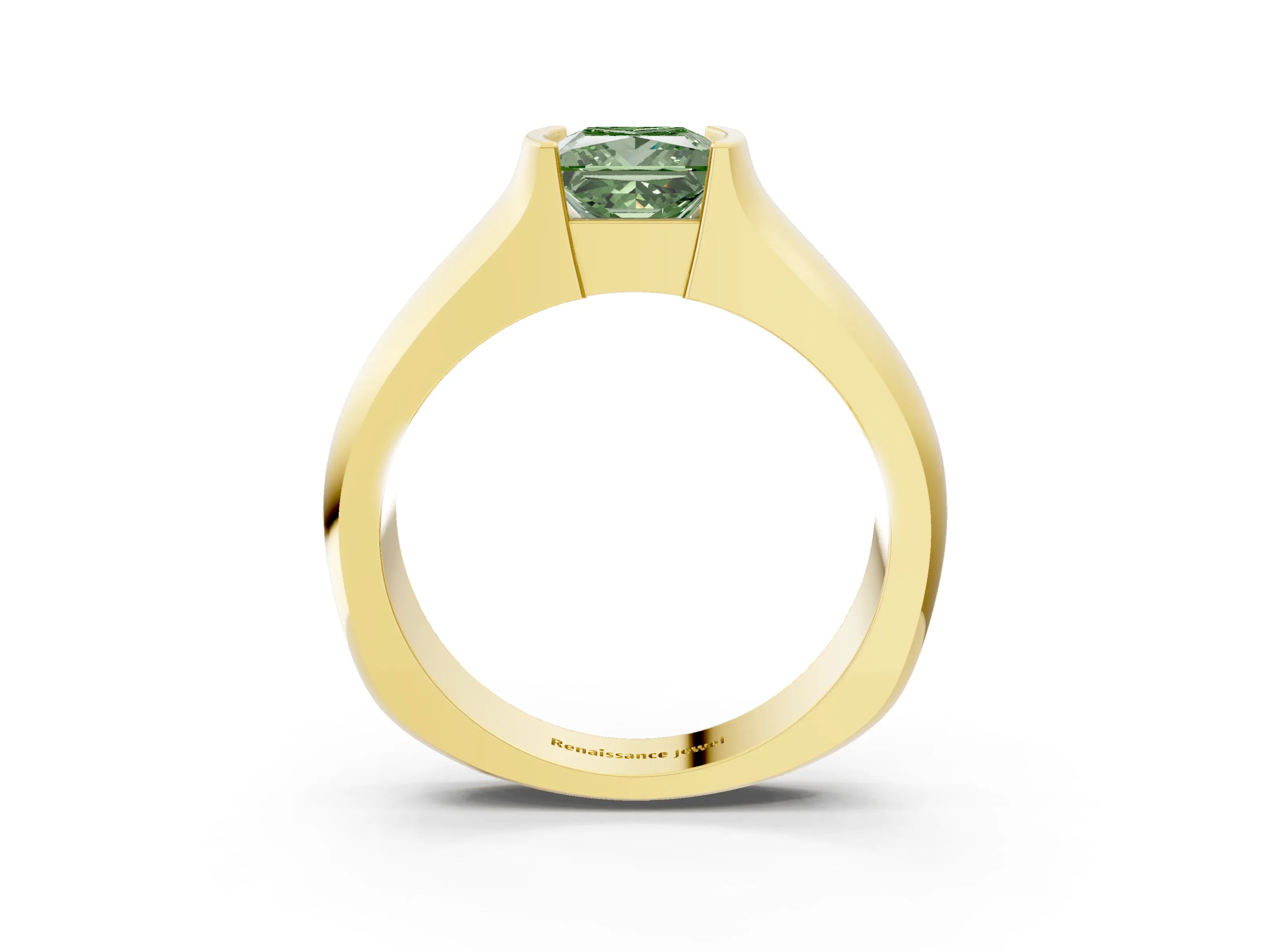 Yellow gold Fancy Green Princess Cut Solitaire Bezel Set Diamond Ring with Wide Band_3
