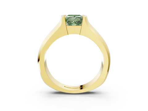 Yellow gold Fancy Green Princess Cut Solitaire Bezel Set Diamond Ring with Wide Band_3