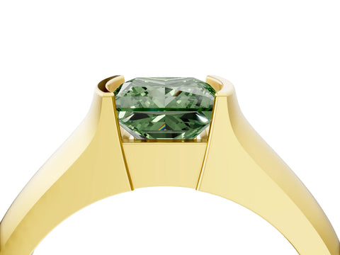 Yellow gold Fancy Green Princess Cut Solitaire Bezel Set Diamond Ring with Wide Band_4