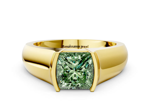 Yellow gold Fancy Green Princess Cut Solitaire Bezel Set Diamond Ring with Wide Band