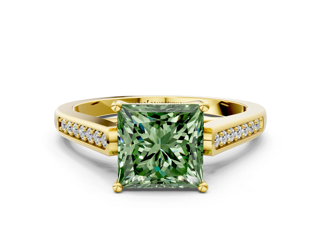 Yellow gold Fancy Green Princess Cut Solitaire Cathedral Diamond Engagement Ring with Channel-Set Band and Four-Prong Setting_3