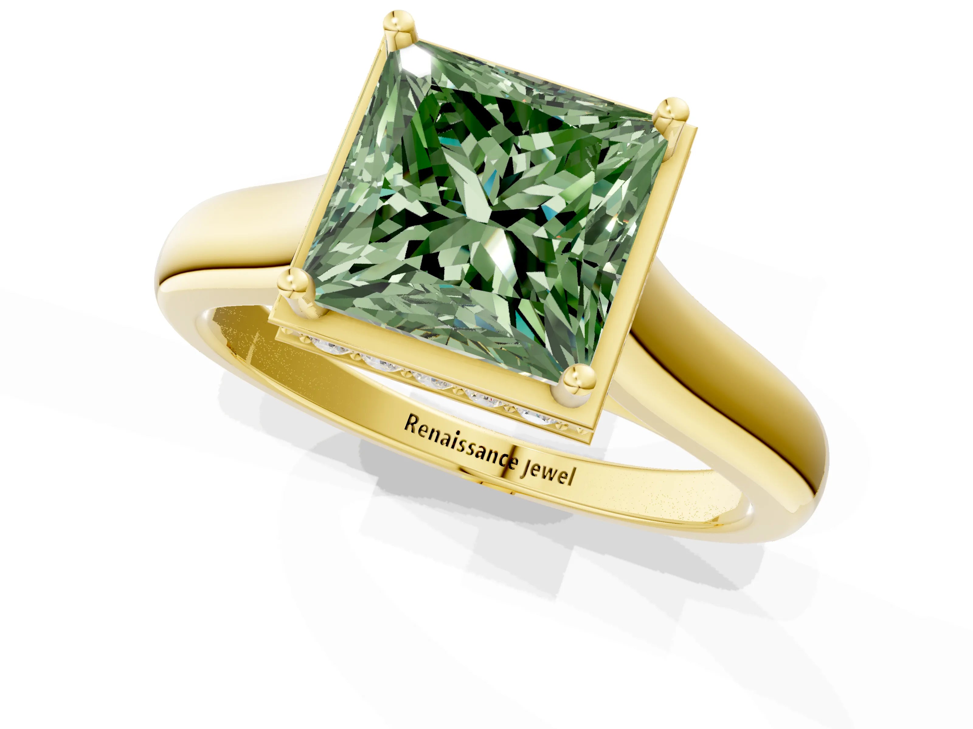 Yellow gold Fancy Green Princess Cut Solitaire Diamond Engagement Ring with Four-Prong Setting and Tapered Band_1