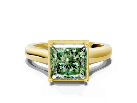 Yellow gold Fancy Green Princess Cut Solitaire Diamond Engagement Ring with Four-Prong Setting and Tapered Band