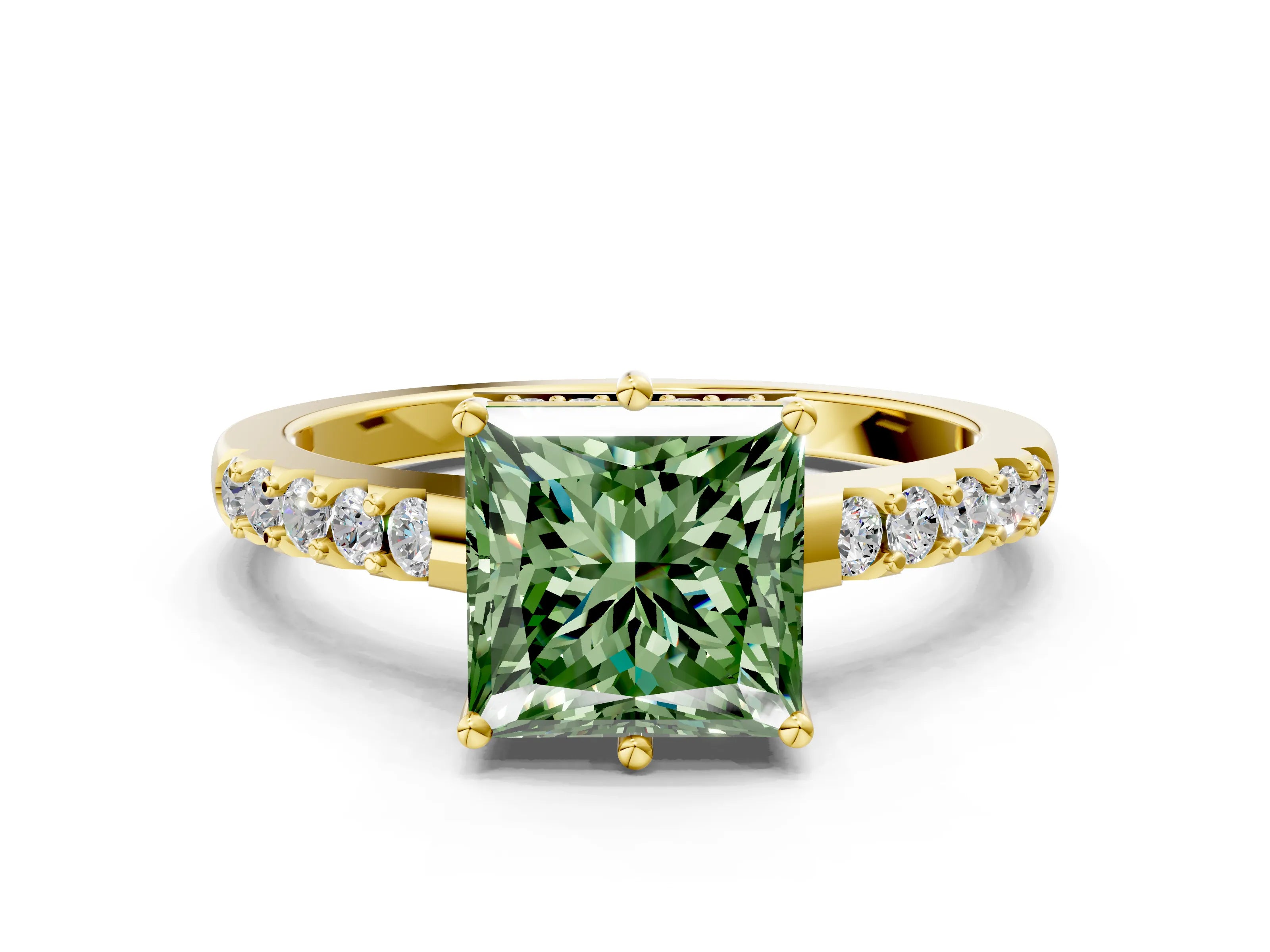 Yellow gold Fancy Green Princess Cut Solitaire Diamond Engagement Ring with Pavé Band and Six-Prong Setting_12