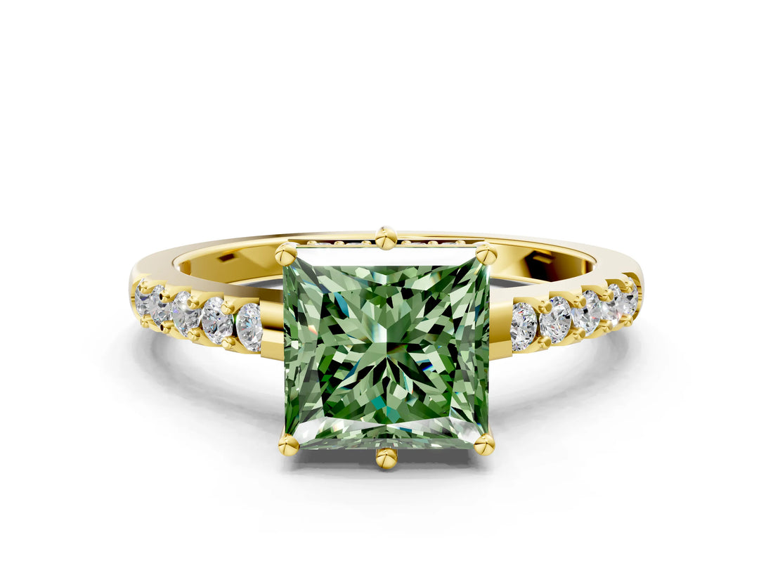 Yellow gold Fancy Green Princess Cut Solitaire Diamond Engagement Ring with Pavé Band and Six-Prong Setting_12
