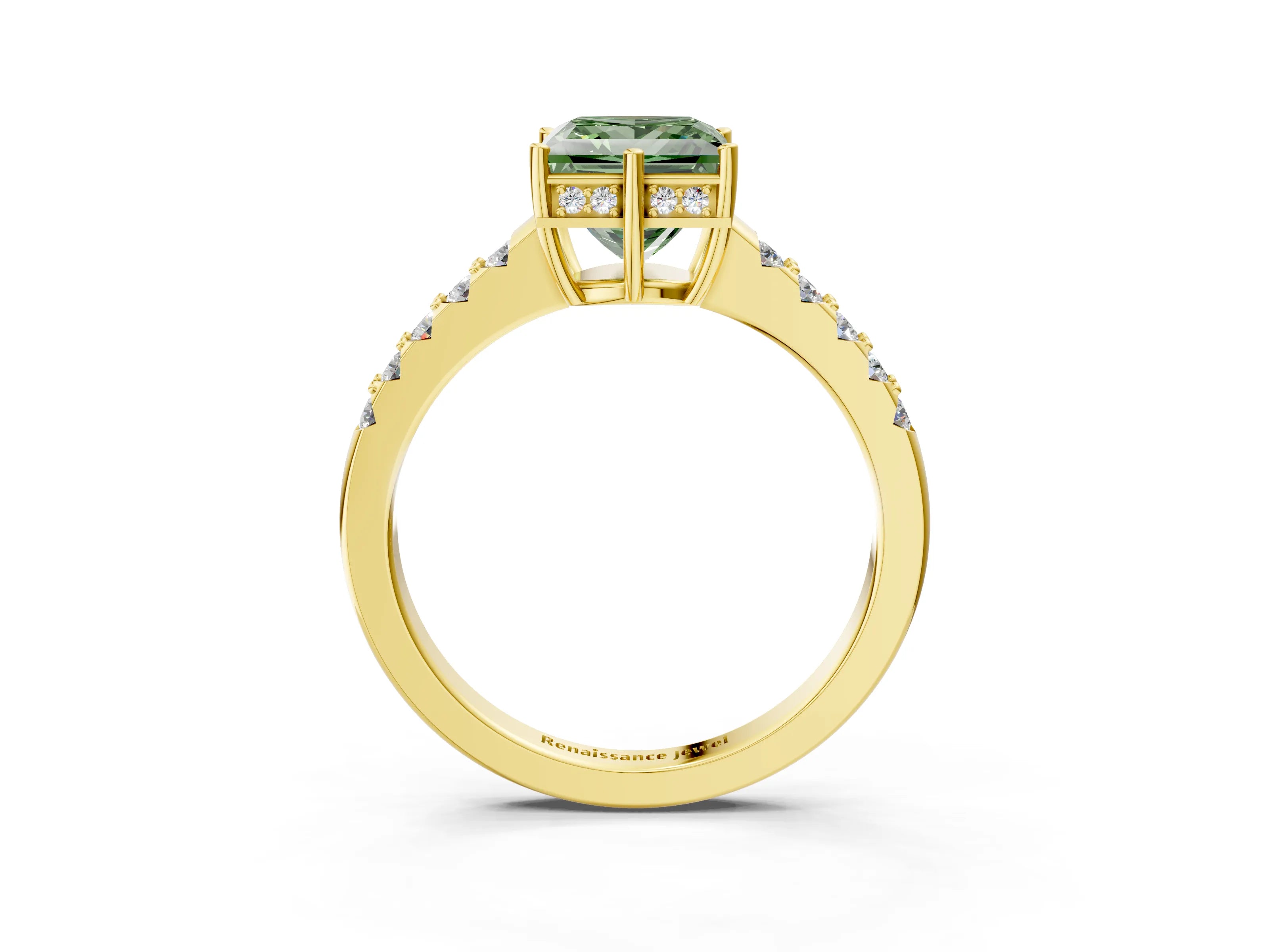 Yellow gold Fancy Green Princess Cut Solitaire Diamond Engagement Ring with Pavé Band and Six-Prong Setting_15