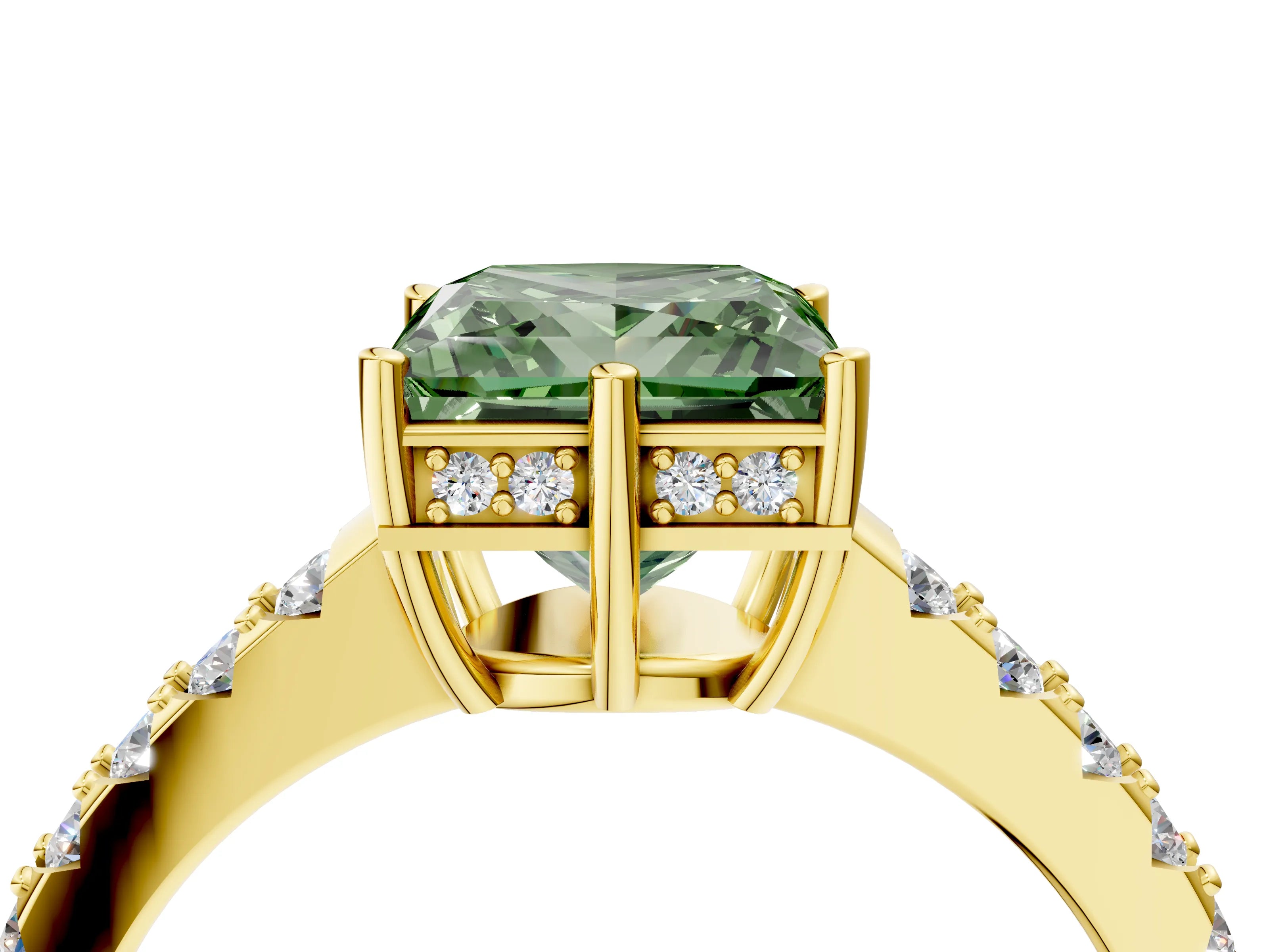 Yellow gold Fancy Green Princess Cut Solitaire Diamond Engagement Ring with Pavé Band and Six-Prong Setting_16