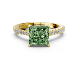 Yellow gold Fancy Green Princess  Cut Solitaire Diamond Engagement Ring with Pave Band and Four-Prong Setting