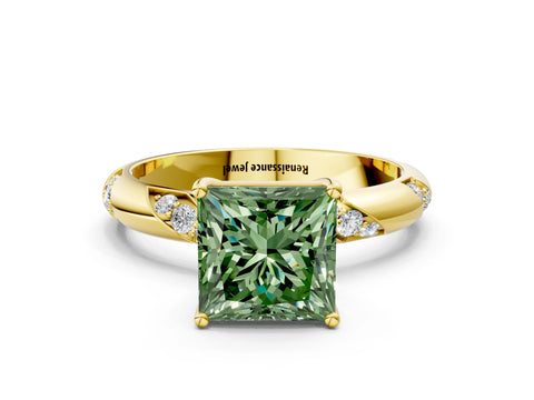 Yellow gold Fancy Green Princess Cut Solitaire Diamond Engagement Ring with Twisted Pave Band and Four-Prong Setting_3