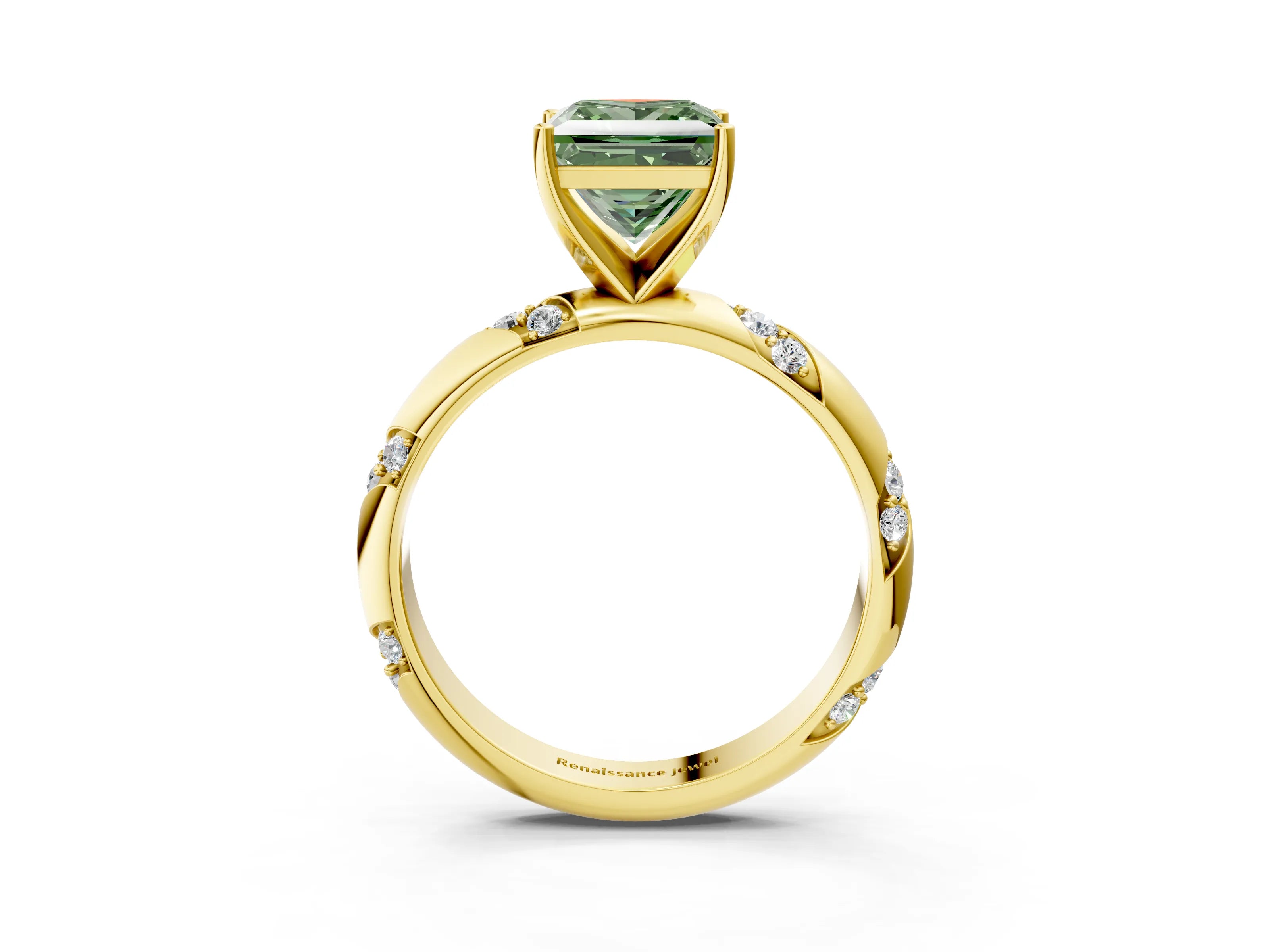 Yellow gold Fancy Green Princess Cut Solitaire Diamond Engagement Ring with Twisted Pave Band and Four-Prong Setting_6