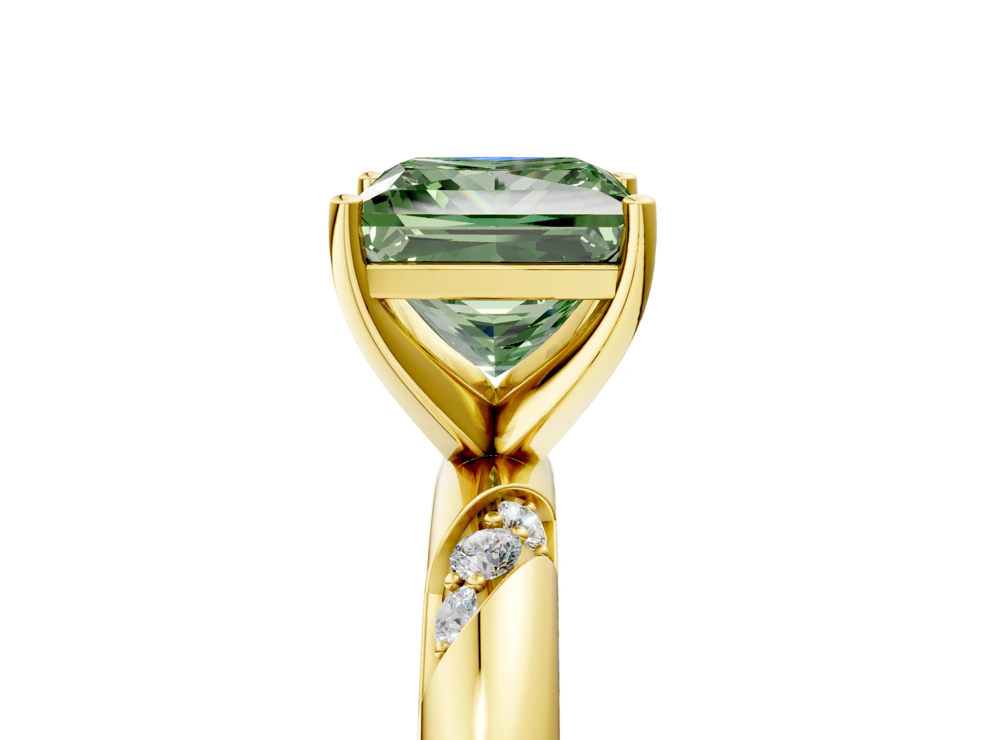 Yellow gold Fancy Green Princess Cut Solitaire Diamond Engagement Ring with Twisted Pave Band and Four-Prong Setting_8