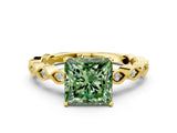 Yellow gold Fancy Green Princess Cut Solitaire Diamond Ring with Infinity Twist Band and Four-Prong Setting