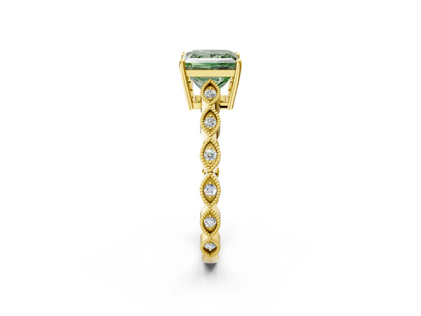 Yellow gold Fancy Green Princess Cut Solitaire Diamond Ring with Infinity Twist Band and Four-Prong Setting