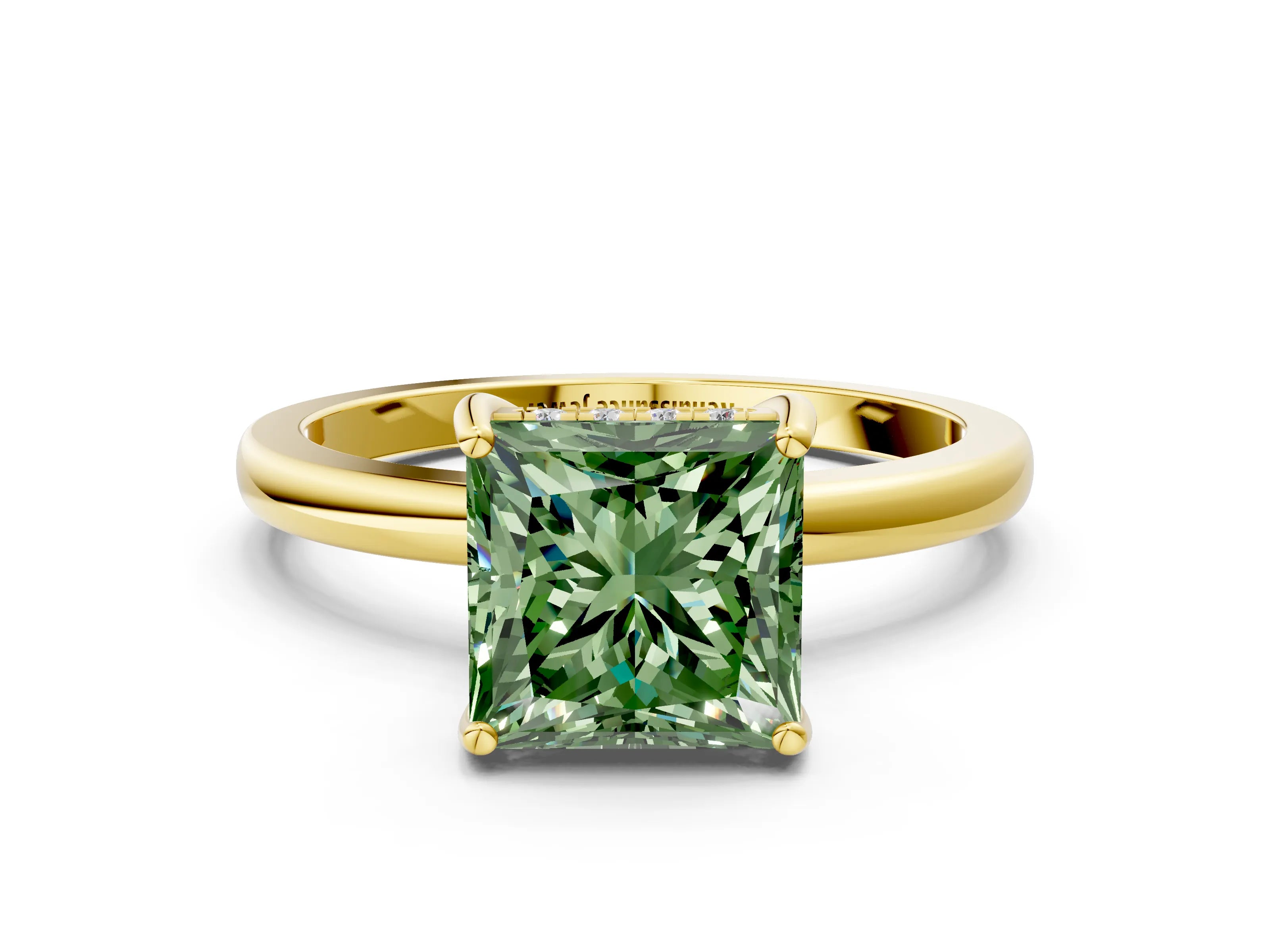 Yellow gold Fancy Green Princess Cut Solitaire Diamond Ring with Prong Setting and Plain Band